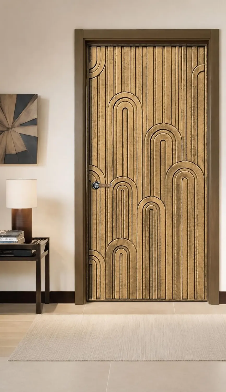 Arched carved doors in a dim interior