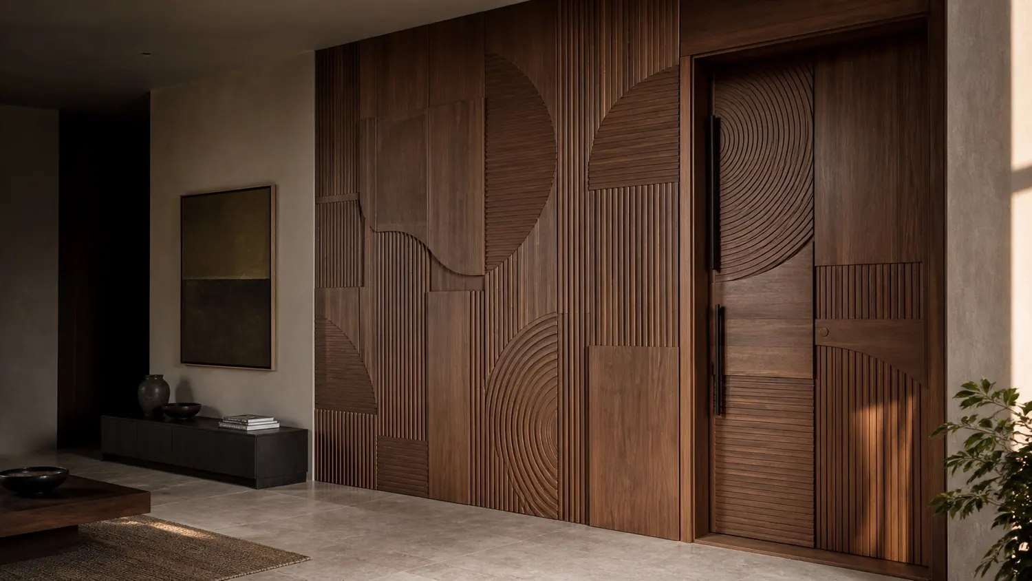 Carved wooden door beside a dimensional timber wall