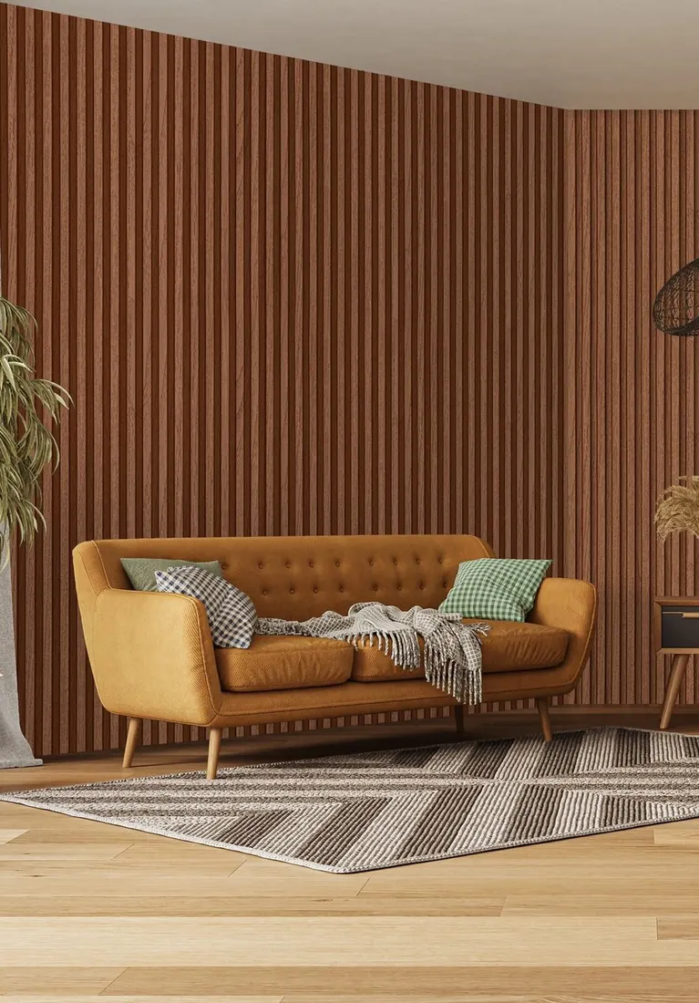 Warm louvered timber wall in a living room