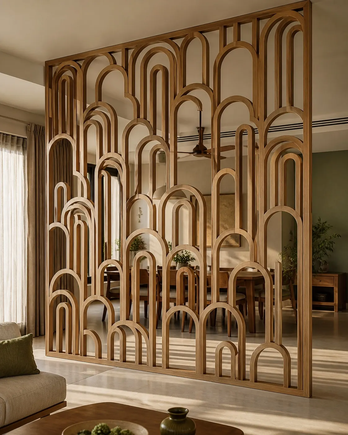 Carved jali screen with light passing through
